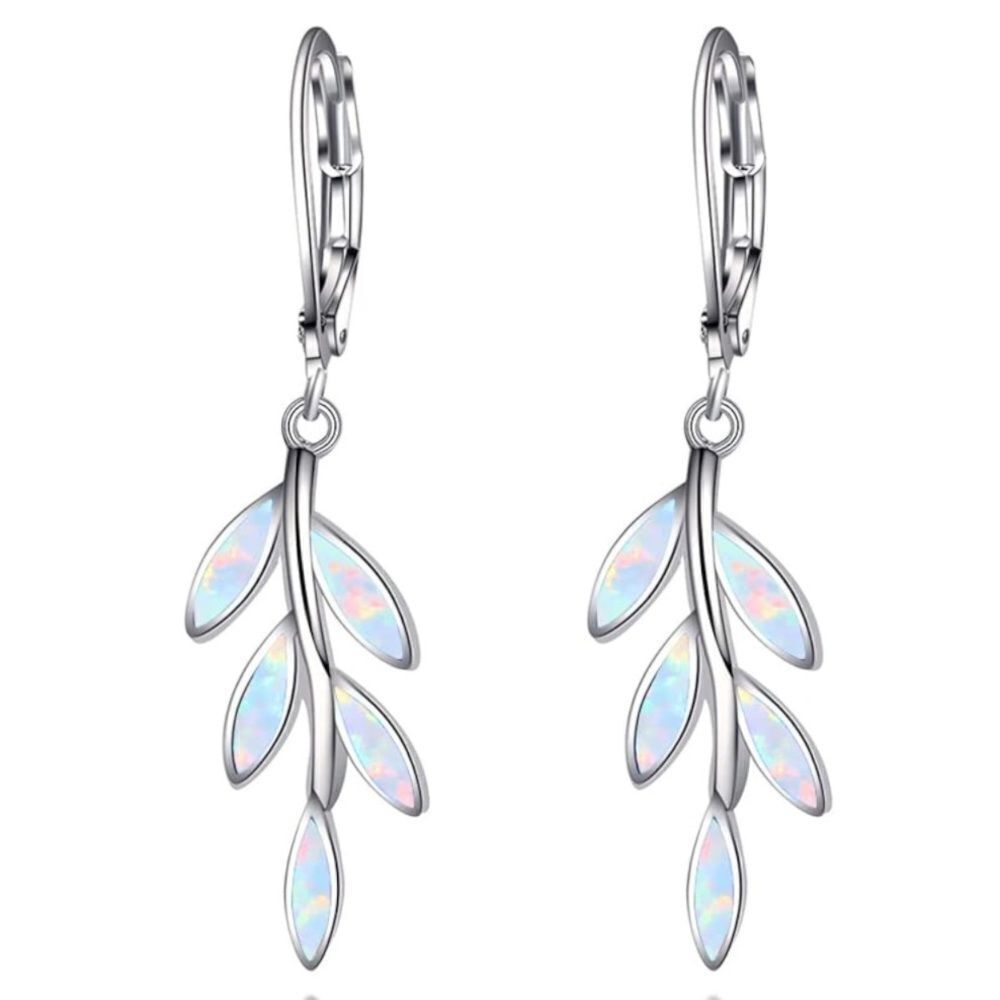 14K White Gold with Genuine White Fire Opal Leaf Shape Leverback Dangle Earrings